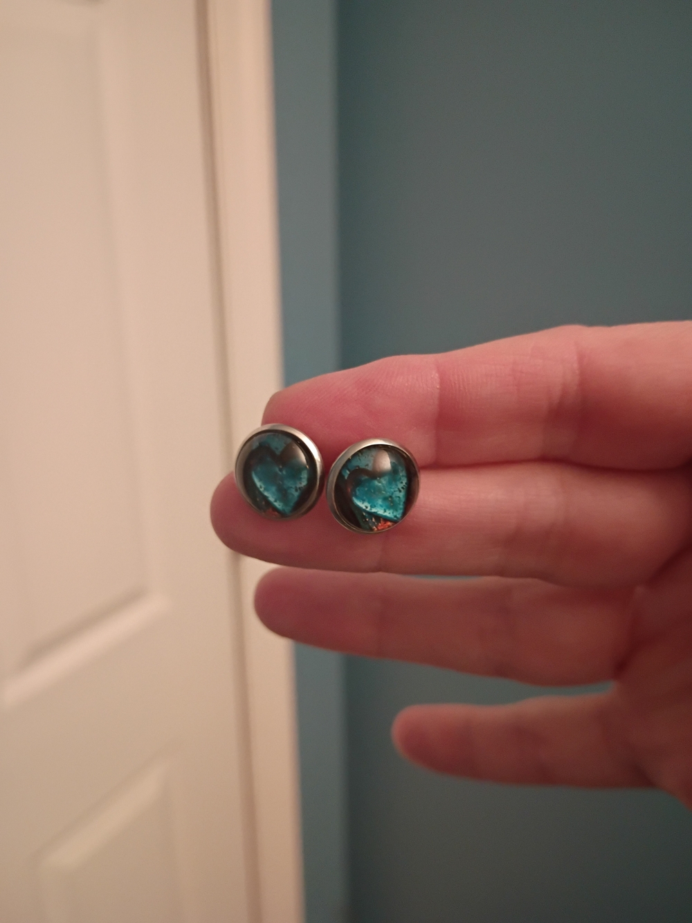 Teal Heart Glass Stud Earrings in Silver-Tone Setting